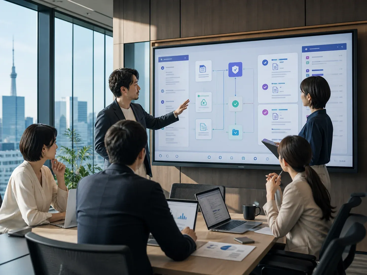 生成AIを活用した業務フローを設計する企業担当者とエンジニア
