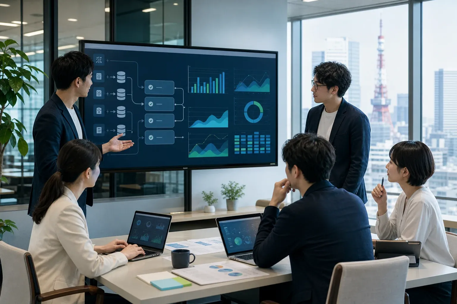 データ分析基盤の構成を検討する企業担当者とデータエンジニア