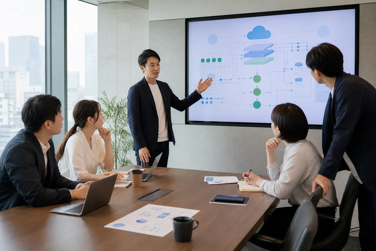 クラウド基盤の現状と将来構成を検討するコンサルタントと企業担当者